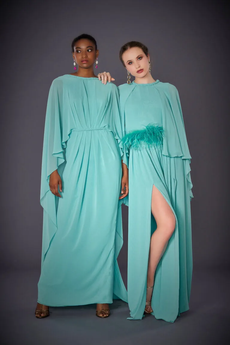 Vestido de fiesta Jose Fuentes – Icónic Fiesta – Modelo Kaftan Suri + Blusa + Pantalón Modelo Orit